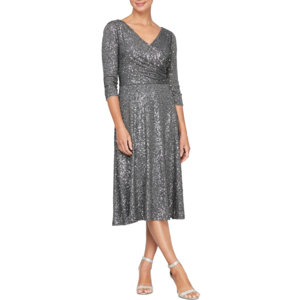 Alex Evenings Silver Cocktail Dress Sequined Long Sleeve A-Line Midi Size 16